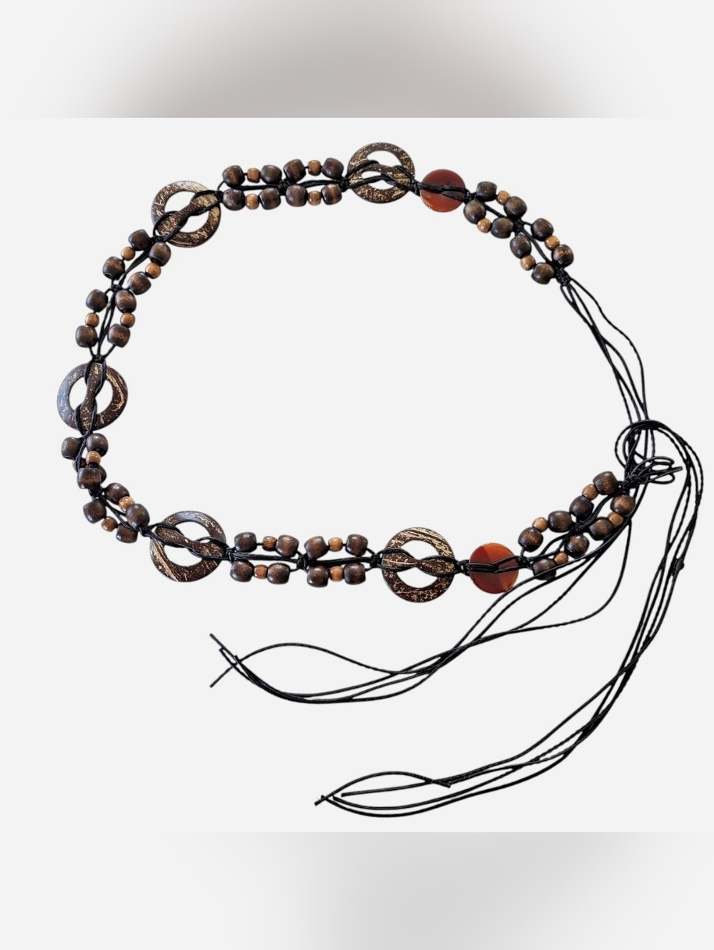 boho macrame Brown wood Beaded hip Belt with Amber Accents